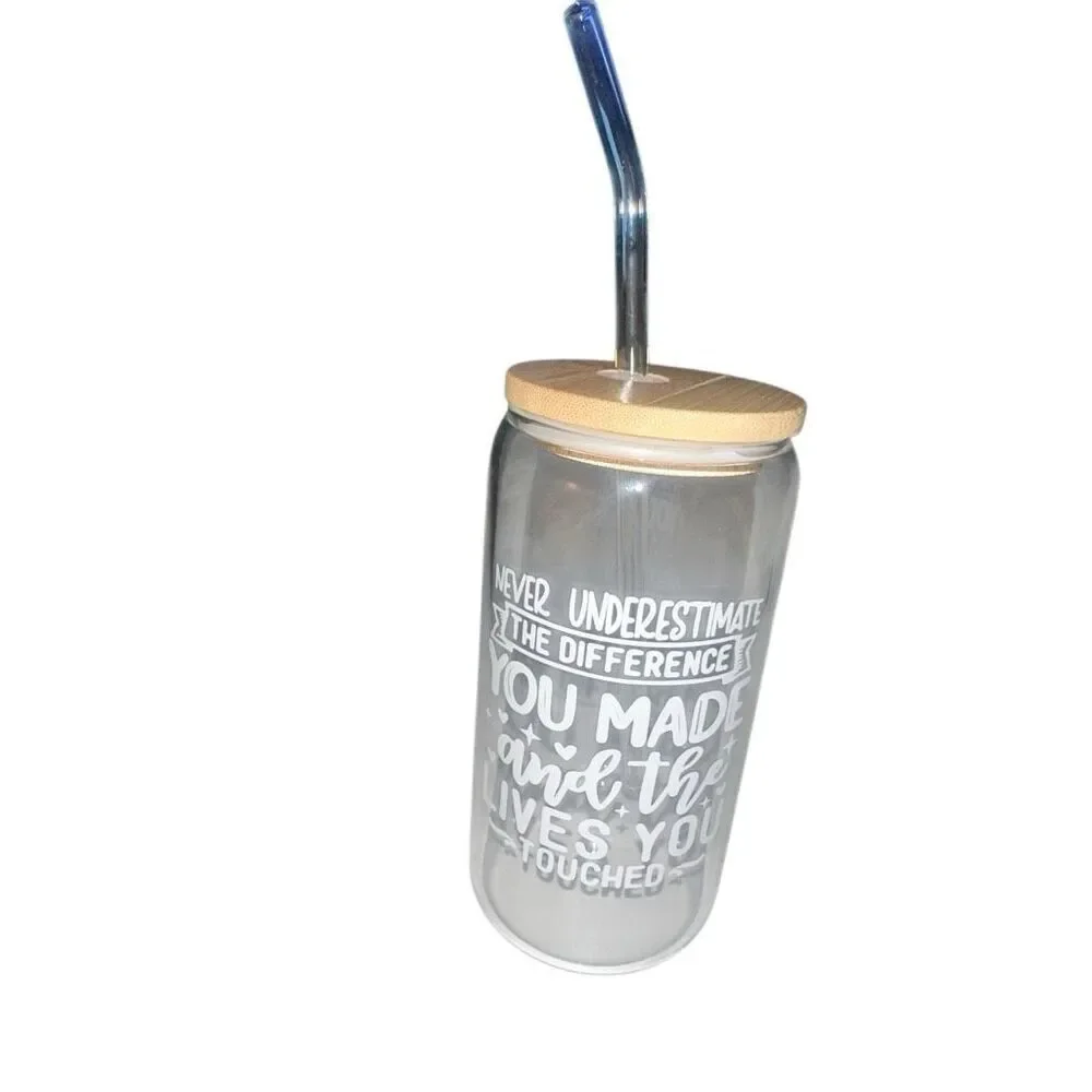 *NEW* Can shaped glasswear w/ wood lid glass straw Motivational Thanks
